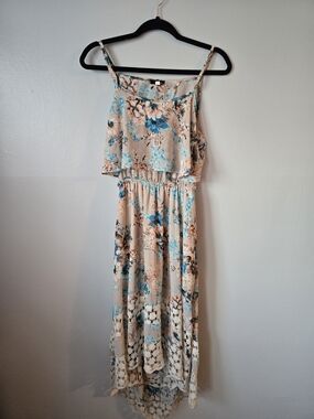 Faisca Floral High Low Maxi Dress Open Back Crochet Lace Hem Tan Blue Size Large